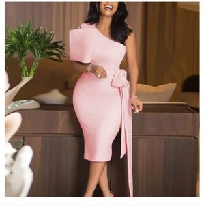 Women Pink Dress One Shoulder with Bowtie
